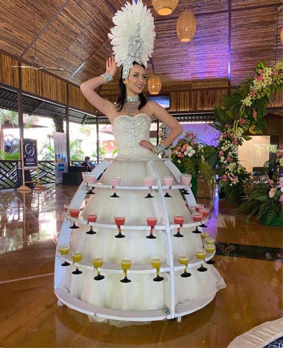 Champagne stroller in a white gown